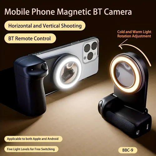 Handheld Smartphone DSLR Camera Handle - Magnetic Mount, Bluetooth Remote Shutter, 360° Rotating Mount, Self-Lighting LED Ring Light with Shade, Mirror, Rear Camera Compatible, Tripod-Ready Mobile Selfie Streaming Accessories for iPhone Vlogging,toolupgra