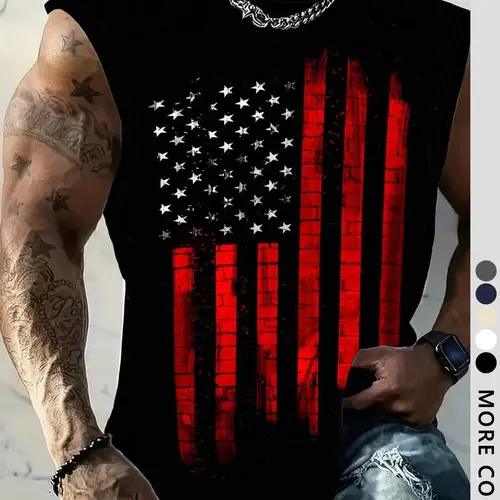 Men's American Flag Print Stripe Tank Top, Regular-Fit Casual Sleeveless Top for Daily Outdoor Wear, Men's Clothes for Summer, Patriotic Casual Wear