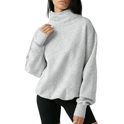 FISOEW 2026 Women's Oversized High Neck Long Sleeve Pullover Hoodie, Basic Women's Fashion Streetwear Clothing, Casual Fall Freshness Grey Bistro Ditch Masked Graphic Top Sweatshirt