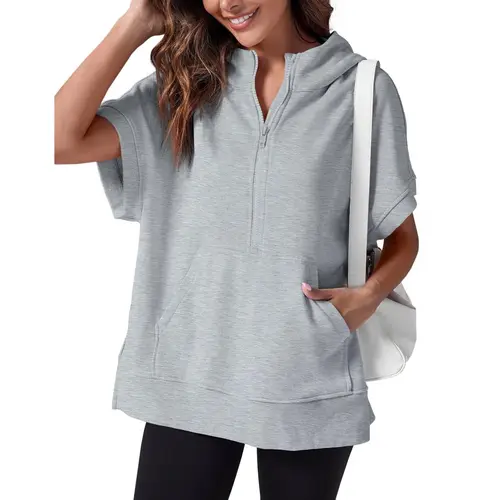 FISOEW Women's Super Oversized Half-Zip Mockneck Split-Half Short Sleeve Pullover Sweatshirt with Pockets, Oversized Fit Lounge to Errands Casual Top (Fall Freshness, #Springtok #TikTokShopJumpstartSale)
