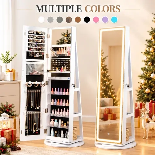 COSTWAY 360° Swivel Jewelry Armoire with Full Length Mirror, Rear Storage Shelves, Lockable Standing Jewelry Cabinet Organizer with Interior Vanity Mirror and 3-Color Lights, Christmas Festival Gift Black Friday Cyber Monday