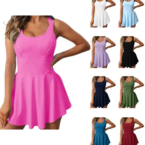 FISOEW Women's Sleeveless 2-in-1 Sporty Chic Athletic Dress with Built-in Shorts - Tennis Attire, Sports Style Casual Dresses, Women's Clothes for Tennis, Golf, Hiking - Waist-Training Activewear