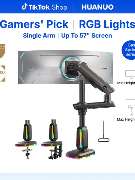 HUANUO Adjustable Ergonomic Sturdy Single Desk Mount Monitor Arm - Office Furniture Accessory, Space-Saving Heavy-Duty Mount with RGB Lights/Non-RGB Options, Up to 57" Screen Compatibility, 44 lbs Capacity, 29.1" Tall Reach, Max VESA 100x100mm