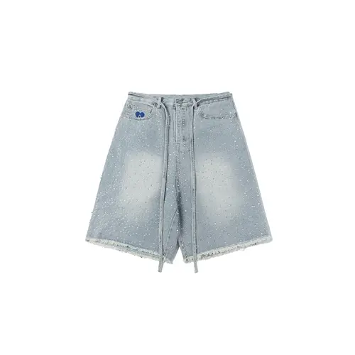 Aelfric Eden Men's Rhinestones High-Waist Loose Cotton Denim Shorts with Pockets & Button - Chic Streetwear Style Bottom, Casual Vintage Jorts, Summer Father's Day Gifts, Preppy Baggy Fit, Hand Wash Only, Men's Clothing