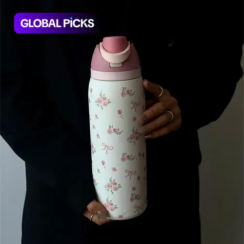Floral Pattern, 1 Count Portable Large-Capacity Water Bottle with Straw, Leakproof Insulated Travel Tumbler, Drinking Cup for Home, Office, School & Outdoor Camping, Drinkware #GLOBAL PICKS