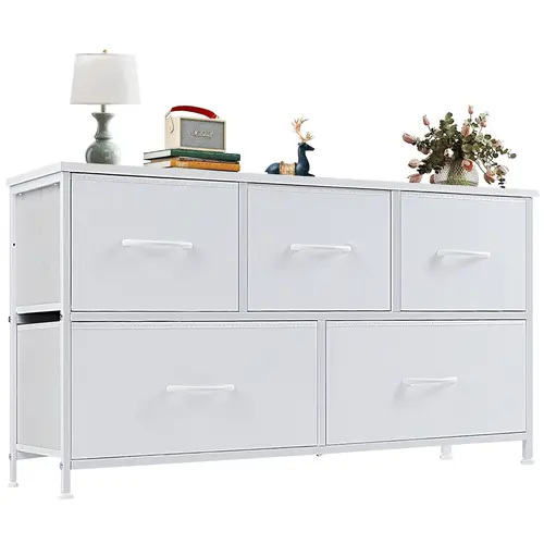 Sweetcrispy 5-Drawer Fabric Storage Tower - Modern Bedroom Cupboard Cabinet Dresser with Fabric Bins, Wardrobe Dorm Room Organizer, Apartment Friendly Hack for Small Room Ideas, Dorm Room Ideas
