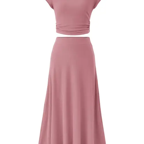 BTFBM Women Two-Piece Skirt Set Summer 2026 Casual Vacation Crew Neck Short Sleeve Cropped Top Elastic Waist Midi Skirts