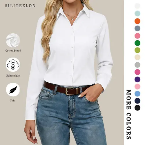 Siliteelon Button Down Shirts for Women Long Sleeve Classic Fit Work Business Casual Collared Blouse Tops Formal Colorful Outfits Fall Winter Fashion Inspo Office Outfits backtoschool