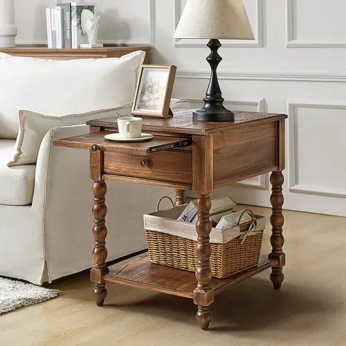 【Fall Pick】HULALA HOME Ira 26" Tall Farmhouse Solid Wood End Table with Built-in Charging Outlets Computer Tray & Extendable Trays Versatile Functionality for Living Room Storage