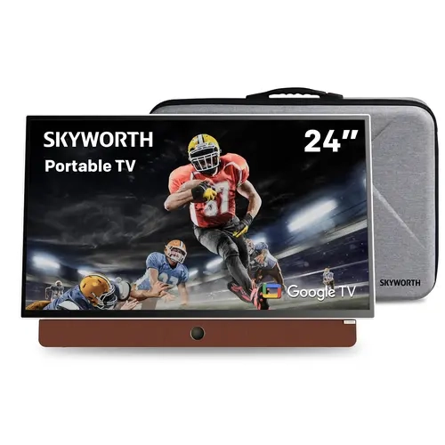 Skyworth 24 In Leather Frame Portable TV, 1080P FHD Matte Screen Google LED TV with HDR10, Dolby Sound, Bluetooth, Chromecast, Voice Control, High-Performance Battery, 12V5A Cordless, Handle Carry & Go for Travel, Camping Movie Ready,sohochic