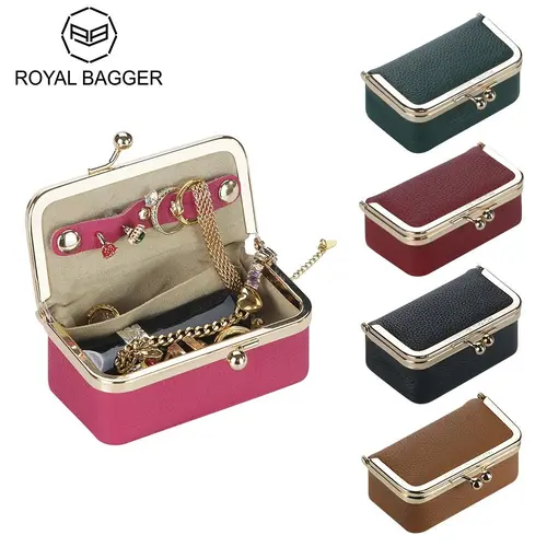 Royal Bagger Women's Modern Genuine Cow Leather Jewelry Organizer Box - 10x5.5cm/3.93''x2.16''x1.57'' Travel-Ready Smooth Metal Clasp Portable Pouch, Compact Lightweight Storage, Classic Elegant Design, Ideal Gift for Women (Rings Stay Put),sohochic