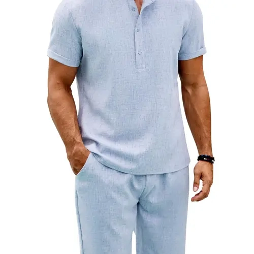 COOFANDY Men's 2 Pieces Set Short Sleeve Henley Shirts and Shorts Pants Texture Summer Beach Vacation Outfits
