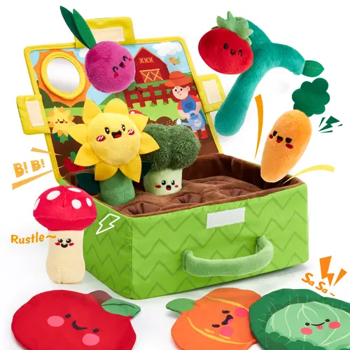 hahaland 11-Piece Cute Soft Stuffed Collectible Garden Sensory Set - Fruits, Vegetables, Plants Plushies with Rattles, Mirror, Squeaker, Crinkles, Textures, Durable Soft Fluffy Montessori Learning Kids Toys, Baby Items for 6-12 Months, Baby Shower Gift