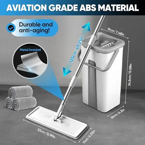 Flat Mop Bucket Set with Stainless Steel Rod, 2 Extra Replaceable Microfiber Mop Heads, Split Wet-Dry Separation, Smooth Vinyl Floor Cleaner, Squeegee, Hand-Free Home Cleaning Supplies