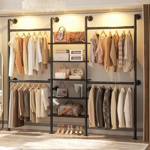 77in Industrial Pipe Clothes Rack with 5-Tier Shelves - Reversible, Hangable DIY Kit, Adjustable Organizer for Clothes Storage, Corner Closet Storage Organization Furniture,sohochic