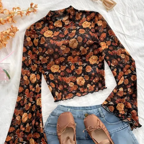 Women's Slim Fit Long Sleeve T-Shirt, Blouse Tops, All Seasons Blouse, Elegant Half-Transparent Design, Fashionable All Season Top, Stylish Women's Clothing, Classy Tops, Blouses Shirts Tops