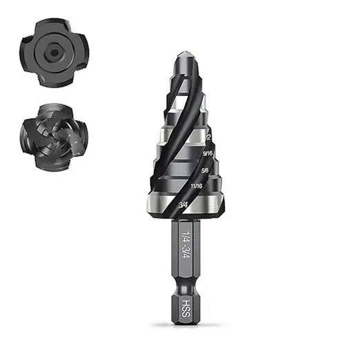 THINKWORK Four Spiral Flute Step Drill Bit, HSS Step Drill Bit 1/4"-3/4" (9 Steps) Unibit Step Drill Bit, 1/4" Shank Step Bits for Aluminum, Wood, Plastic, Metal