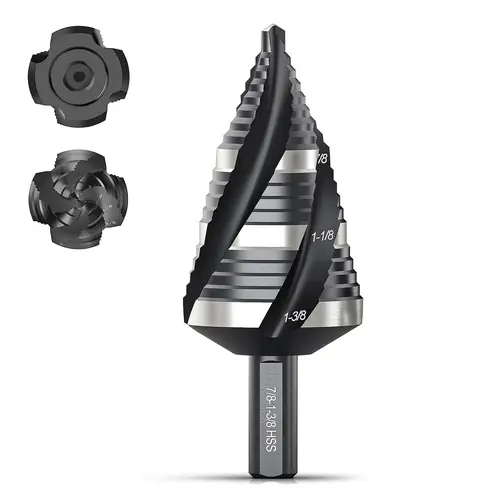 THINKWORK Four Spiral Flute Step Drill Bit, HSS Step Drill Bit3/16-1-3/8 (3 Popular Sizes) Unibit Step Drill Bit, 1/4" Shank Step Bits for Aluminum, Wood, Plastic, Metal