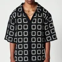 Men's Dark Green Colorblock Knit Button Up Short-Sleeve T-Shirt with All Over Print, Loose Fit Menswear for Casual Vacation, Male Clothing Shortsleeve Clothes,back to school,back to school shopping,clothes for back to school,first day of school outfits,so