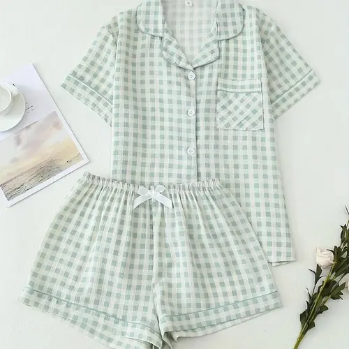 Women's Gingham Print Crop Shirt & Shorts Pyjama, Casual Comfy Short Sleeve Collared Top & Shorts PJ Set, Ladies Sleepwear Loungewear Set for Summer Gingham Pajama Pajamas Sets
