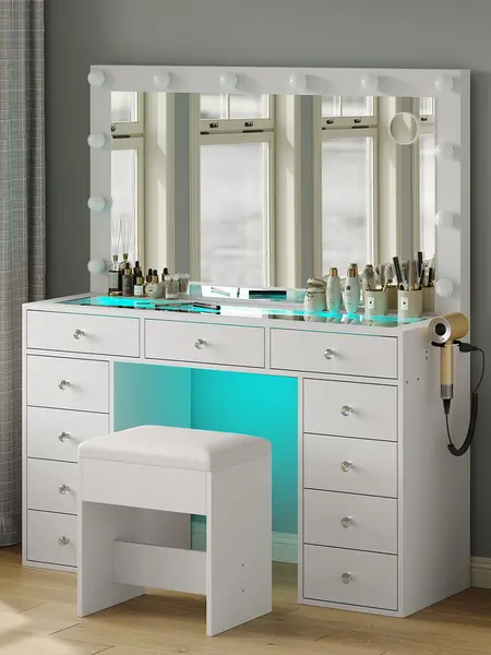 CollaredEagle Vanity Desk with Tempered Glass Top, Vanity with Mirror, Built-in Charging Station (2 USB + 2 Plugs), 11 Drawers (3 RGB, 8 Deep Drawer Stash), 12 LED Lights, Chair Included for Bedroom