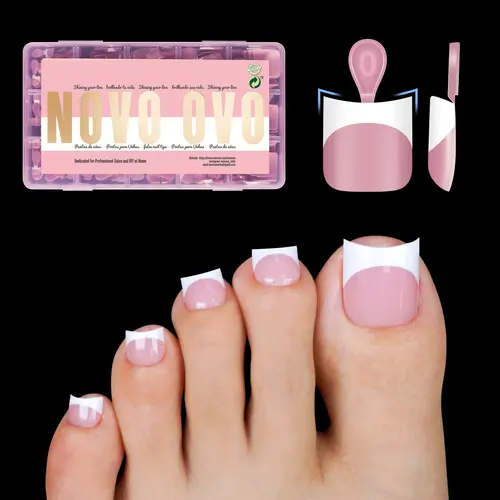 NOVO OVO Acrylic Toe Nails Kit - White French Tip Berry Pink Sharp Square Thick Soft Gel Press Ons, Moon Curve for Medium-Short Beds, 15 Sizes 240 Pcs, Easy DIY Nail Art for Gel/Manicure At Home【No Glue & Top Coat Included】,sohochic