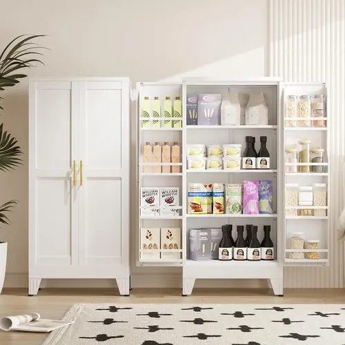 Metal Kitchen Pantry Cabinet,47.24“ Tall Storage Cabinet with 2 Doors, Cupboard with 8 Hanging Shelves and Adjustable Shelves for Kitchen, Dining Room White Aesthetic
