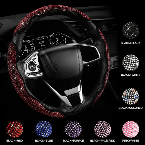 Queen's Land Sparkly Universal Steering Wheel Cover with Crystal Rhinestones Diamond Bling Car Decor Gift for Girls Women Red Pink Purple Black Car Accessories for Truck SUV