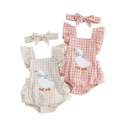 Infant Baby Girl Duck Embroidery Romper Flying Sleeve Tiered Plaid Overalls with Headband