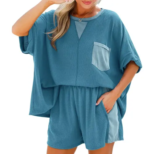 Imily Bela Womens Summer Waffle Knit 2 Piece Outfits Oversized T Shirt Casual Shorts Loungwear Short Sets