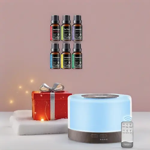 500ml Ultrasonic Multifunction Essential Oil Diffuser - 6 Oils Included, Remote Control Wood Household Room Bedroom Humidifier with 7 LED Color-Changing Mood Lights, Modern Air Purifier,sohochic