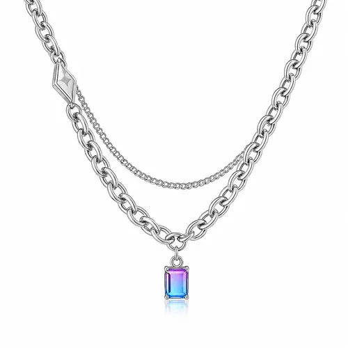Premium Anti-Fade Titanium Steel Double Layer Necklace - Gradient Gemstone Pendant, Unisex Y2K Hip Hop Style Heavy Luxe Gemstone Necklaces