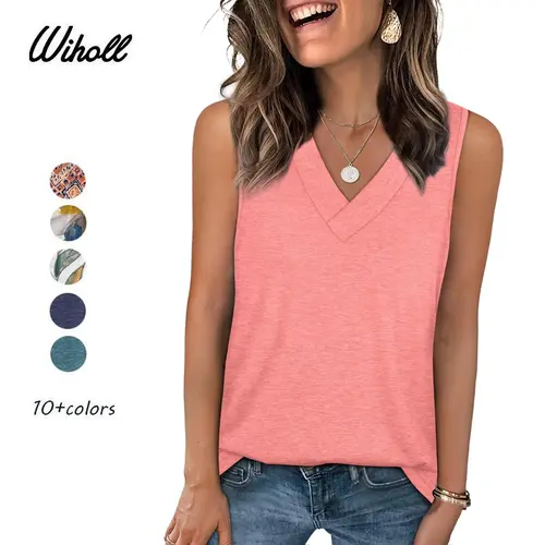 WIHOLL Women's Feminine V-Neck Breezy Loose Fit Elastane Sleeveless Tank Tops - Breathable Lightweight Fabric, Pleated Curve-Hem, Minimalist Maternity Tops, Pairs Fast with Jeans, Aesthetic Neutral Women's Tanks & Camis for Business & Casual Summer Wear