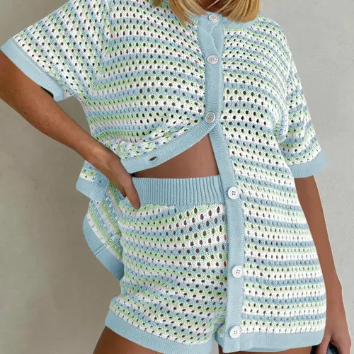 FISOEW Women's Striped Crochet Knit 2-Piece Beachwear Set, Oversize Top Button-Down Shirt & Matching Shorts, Crew Neck Bikini Cover-Up for Water Activities & Casual Fashion