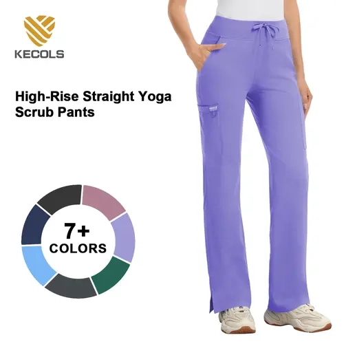Kecols High Rise Yoga Scrub Pants Women - Straight Leg Uniform Pants with Cargo Pocket, Anti-Wrinkle & Knit Yoga Waistband 5 Pockets&4-Way Stretch Gym Workout Sportswear Gym Sportswear Bottoms
