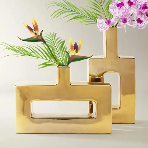 Z Gallerie Miami Gold Vase, Home Decorative Vase or Sculptural pieces for Living Room Office Room Flowers Peonies Ceramic Ornaments Decoration Design Dining Table Centerpiece Modern Plant Vase,summerwins