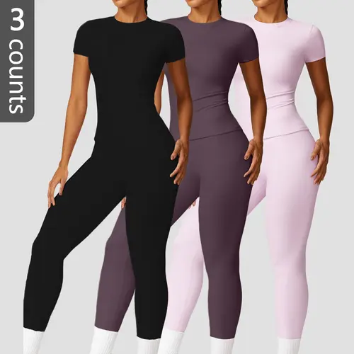 NVWA Women's 2-Piece Activewear Matching Set - Women's Clothes, Solid Color Crew Neck Short Sleeve T-Shirt & High Waisted Sweatpants, Breathable Quick-Drying Workout Set for Yoga, Gym, 2 Piece Sets