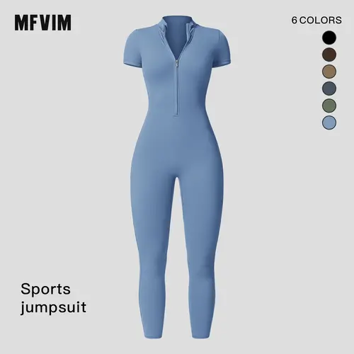 MFVIM Women's Zip Up Stand Collar Short Sleeve Yoga Jumpsuit, High Elastic Quick Dry Slim Fit Waist Controlled Athletic One Piece Outfit,summerwins,travel essentials,camping essentials,sohochic