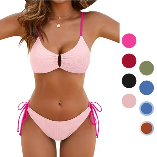 Blooming Jelly Color Block Textured U-Wire Swimsuits Womens Sexy Cheeky High Cut 2 Piece Bikini Sets #SwimWeek #Summervibes
