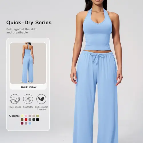 Women's Solid Halter Neck Top & Wide Leg Pants Sports Set, Stretchy Sports Outfit, Casual Sleeveless Top & Pants for Daily Outdoor Wear, Ladies Sportswear for Tennis Running, Workout Clothes, Outdoor Sports Clothing