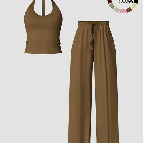 Women's Quick-Dry Sports Tank Top, Casual High-Waisted Bell Bottoms, Comfortable Sporty, All-Season Plain Style, Casual Sportswear Set, Casual Sportswear Outfit