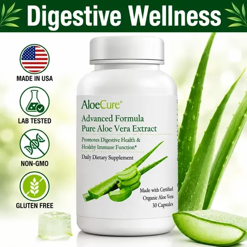 AloeCure Aloe Vera Capsules - 30 Organic Aloe Vera, Aloin-Free Dietary Capsules, Gluten-Free Vegetarian Digestion Aid for Gut Health, Stomach Acid Buffering & Immune Support, Gluten Free Supplement, Vegetarian Supplement, Healthcare