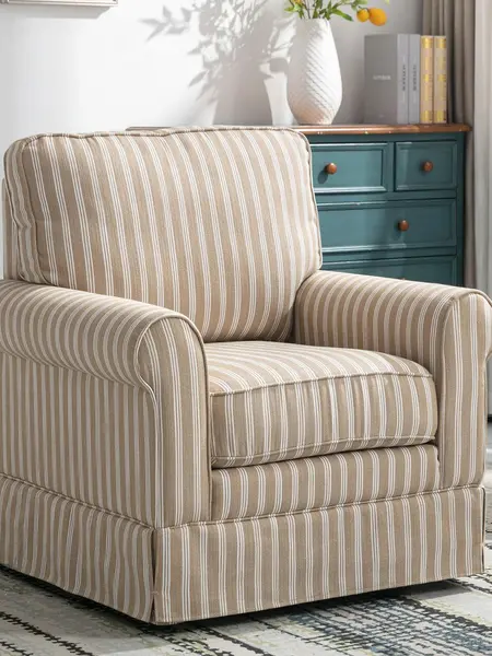 Ebello Swivel High Back  Linen Mid Century Modern Accent Chair – Wood Frame, Upholstered Seat with Waist Cushion – Elegant & Durable for Any Room，Fully Assembled, Brown Stripe