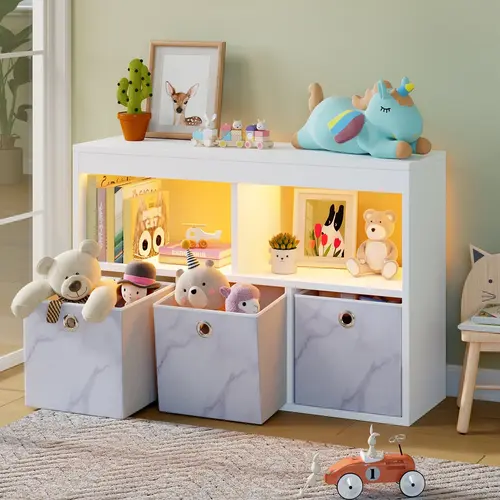 Pinmoco 5-Cube Reversible Open LED Storage Organizer with Three Marbled Fabric Drawers# large capacity storage organizer  Picture Frames