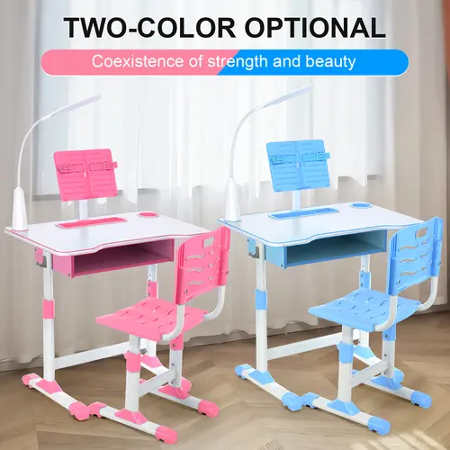 OYAJIA Modern Kids' Adjustable Plastic Desk and Chair Set with Storage, Led Study Glow Lamp, 13.8–16.1in Seat, 14.6 x 11.8 inches Reading Surface, 25.4-27.7 inches Height - Indoor Home Furniture (Pink/Blue)