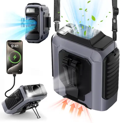 PADOX 5000mAh Portable Charger 5-in-1 Multi-Function Waist Clip Cooling Fan - 5 Speeds, Flashlight, Silicone Cover - for Outdoor Camping, Cycling - USB Mobile Fan Electronics Accessory