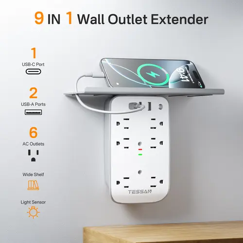 SummerGarden Tessan Bathroom Wall Outlet Extender with Shelf & Smart Night Light, Surge Protection, for Home & Dorm & Office Organization, 6 AC, 2 USB Ports, 1 USB C