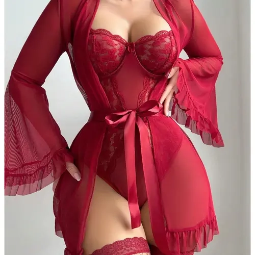 Women's 5-Piece Flirty Lingerie Set - Lady's Floral Lace Long-Sleeve Robe, Strappy Teddy Bodysuit, Bridal Fishnet Stockings, Hip-Flattering Design - Wedding Lingerie Valentine's Day Love Gift