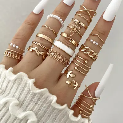 Women's Fashion Gold-Tone Ring Set - 22-Piece Boho Hollow Stacking Knuckle Jewelry for Christmas, Faith, Graduation Occasions