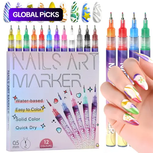 12-Color Nail Art Pen Set, Quick-Drying Acrylic Paint Nail Art Markers, DIY Manicure Nail Art Design Pens for Home Salon Use, Nail Polish Design Tools